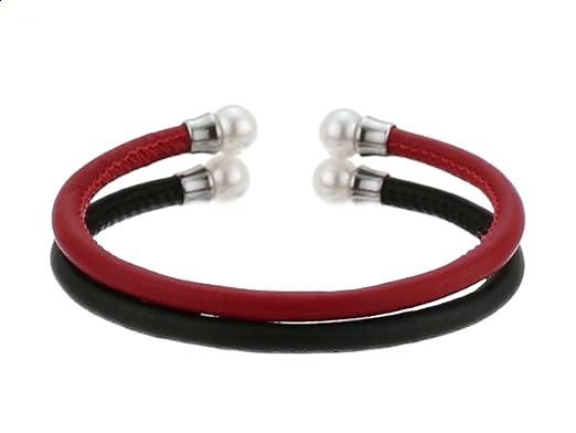 Majorica Black and Red Leather Pearl Bangle Jewelry Set