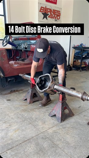 Lucas on Instagram: "Mocking up the disc brake conversion I’ll be doing on this 14 Bolt rear axle. Didn’t want to spend close to $500 on a kit so I decided to do it myself to save some money. The piece that will make all this work is the @barnes.4wd Adapter Bracket. Bolts right on and allows you to use a K20 rotor and caliper. All off the shelf components! . . . . . . . . . . . . . . . . . . . . . #kraftoffroad #builtdifferent #jeeptj #jeep #jeepwrangler #jeeplife #jeeplove #jeepoverland #overla