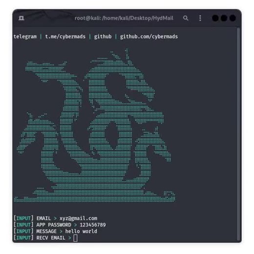 Indian Cyber Hub on Instagram: "HydMail 🐉📨 A simple email sender with a spam function using smtplib. All content shared is strictly for educational and awareness purposes. I do not promote, engage in, or encourage any illegal activities. Use the information responsibly and in compliance with applicable laws. Follow @indian_cyber_hub_ for more upcoming interesting Topics or to learn about the tools that were using in offensive journey Thanks☠ #kalilinux #kalilinuxtools #informationsecurity #eth