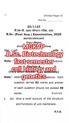 MGKVP B.Sc. Biotechnology first semester cell biology and genetics question paper 2025