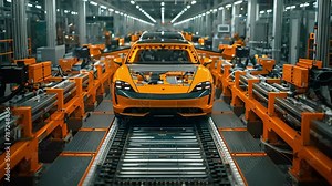 Cars move on assembly line in factory, workers assemble components meticulously, scene bustling with activity of humans and robots