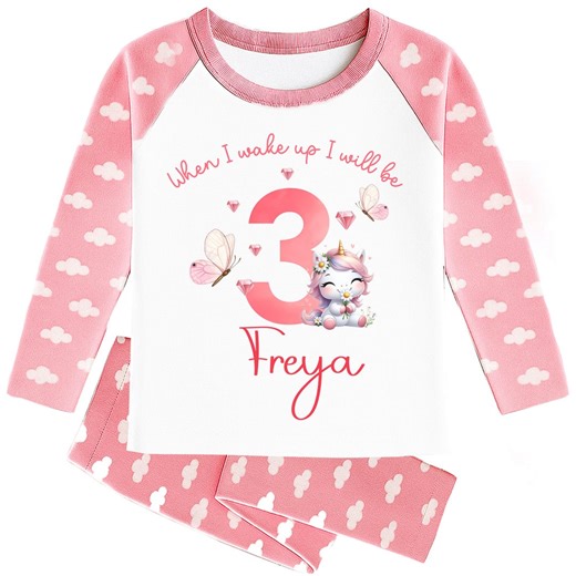 Personalised Unicorn Birthday Pyjamas – Custom Name, Age 1–6, Pink Butterfly Clouds - Etsy