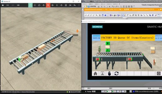 Factory IO 场景Queue of Items(Counters)实现输送带上的上料、下料、自动运行仿真。