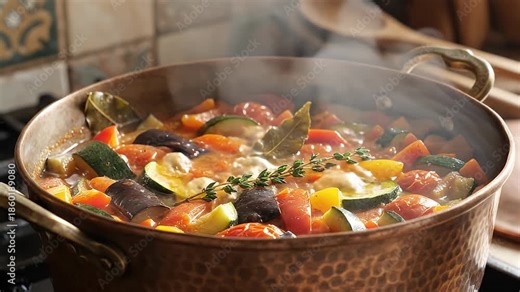 Delicious Vegetable Stew Cooking in Copper Pan.