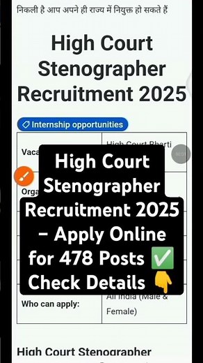 High Court Stenographer Recruitment 2025 – Apply Online for 478 Posts ✅ Check Details 👇