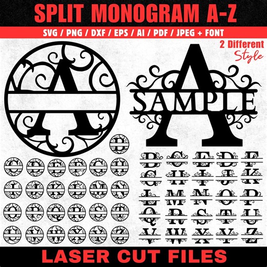 Split Monogram A to Z Laser Cut Files for Personalized Last Name Wall Art Family Initial Sign Wedding Gift Decor Editable Instant Download - Etsy