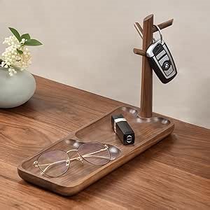 Wood Key Tray for Entryway Table, Jewelry Tray, Catchall Tray with 3 Stand Hanging Organizer, for Rings, Phone, Bracelets Watches，Key Holder and Hook Rack
