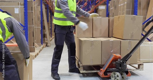Warehouse workers loading pallet boxes for shipping. Manual pallet jack moves cartons in a distribution warehouse for efficient transport and safe loading. Strong concept of delivery logistics.