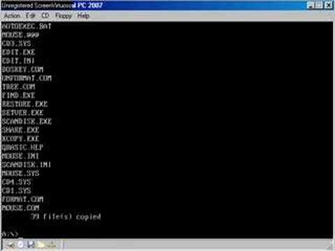 Installing MS-DOS from a boot disk in Virtual PC.