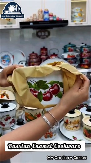 cherry print russian enamel cookware set - vintage enamel pot with lid -
