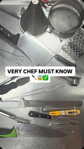 Chef Sachin Sangwan on Instagram: "VERY CHEF MUST KNOW These professional kitchen utensils are used daily in hotel and restaurant kitchens. From chef knife, cleaver, boning knife, chinois strainer, sieve, tongs, grater, garlic press, thermometer, plating tweezers - these tools decide speed, consistency & food quality. No fancy gadgets. Only skills, steel & discipline. Save this if you’re serious about becoming a professional chef 🔥 (kitchen utensils names, professional kitchen tools, chef tools