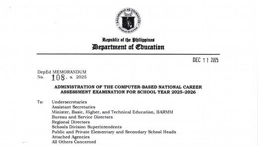 DepEd Memorandum 108, s. 2025 - Administration of the Computer-Based National Career Assessment Examination for School Year 2025-2026