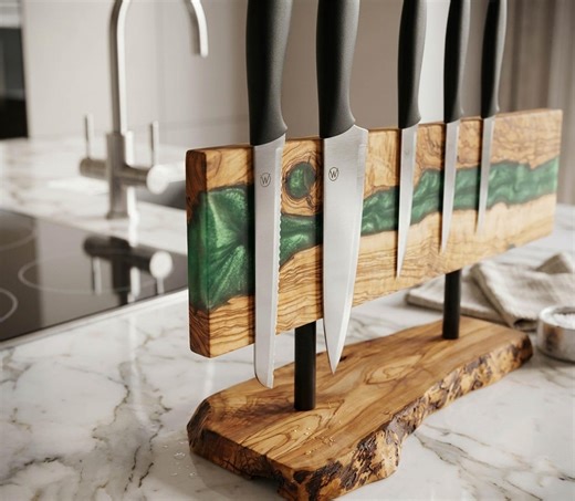 Magnetic Olive Wood Epoxy Resin Knife Holder – Modern Kitchen Stand, Handmade River Design - Etsy