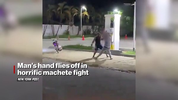 Wild caught-on-camera machete fight ends with man calmly picking up severed hand off ground