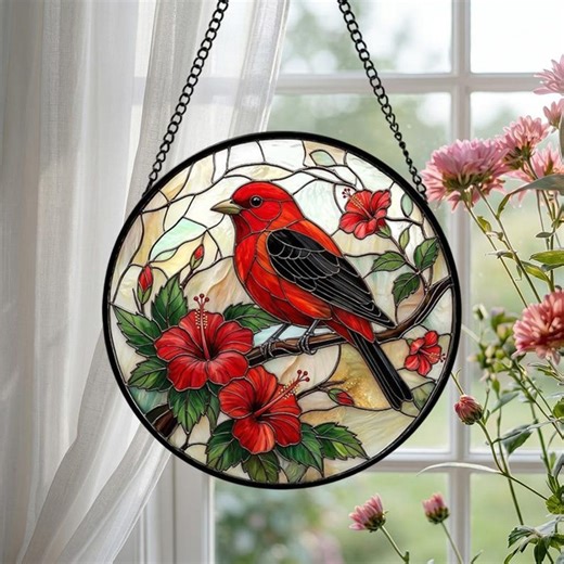 Scarlet Tanager Stained Glass Suncatcher: Tropical Hibiscus Flower Window Art, Vibrant Bird Hanging Decor - Etsy Canada