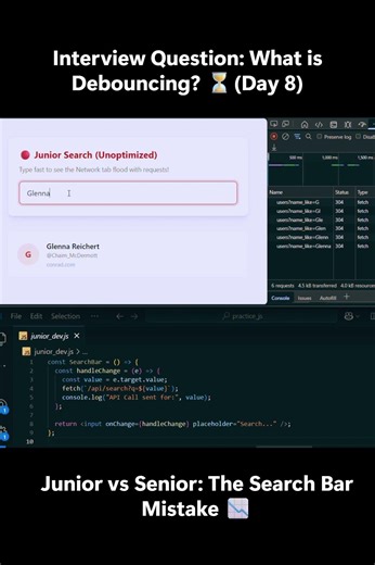 Interview Question: What is Debouncing? (Day 8)#coding #programming #interview #reactjs #javascript