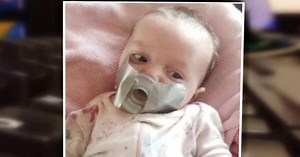 Grandma tapes pacifier to baby