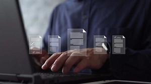 Business document verification process with digital checkmark approval icon, data audit, file review, online inspection, quality control, compliance validation, search, and workflow efficiency system.