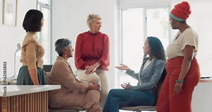 Business women, diversity and conversation with collaboration and business meeting with team in workplace. Business people, talking and listening with teamwork, communication and team building