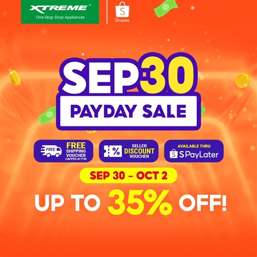 Make the most out of your payday with Shopee Payday Sale. 😉 Look for the perfect appliance for your home this Sept 30. Enjoy up to 35% off plus get more discounts with FREE Shipping Vouchers and FREE Vouchers. 😍 Pwede ka ring magbayad thru installment via SpayLater! 💚 Visit the link now: https://bit.ly/ShopXTREMEonShopee 🛒 #XTREMEAppliances #OneStopShopAppliances | XTREME Appliances