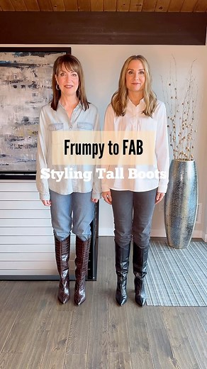Frumpy to FAB: Tall boots edition!👢 Confused on how to style your tall boots with all the skinny jeans drama?🙅🏻‍♀️🙅🏼‍♀️ Good news: tall boots love skinny jeans!!🫶🏼 Here’s our tips for styling tall boots: 1️⃣Straight leg jeans are all the rage, but they can create a rumpled appearance above a tall boot that looks, well…kinda frumpy! Skinny jeans to the rescue!👖 2️⃣We tucked our shirts & added a belt for a more polished look. Untucked can also work—personal preference!👌🏼 3️⃣Add interest 