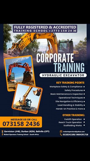 27731582436 Mulani Operators & Welding Training School -South Africa We do provide safety Courses on Lifting, Construction and Welding Training on the following. CONSTRUCTION & LIFTING MACHINES 7-10 DAY CALL 27731582436 for Registration & Booking Mulani Operators Training Centre – is Fully Registered # 20013/124410/07 * FORKLIFT Operator Training for 5 Days * DUMP TRUCK Operator Training for 7-10 Days * EXCAVATOR Operator Training for 7-10 Days * T.L.B Operator Training for 7-10 Days * FRONT END