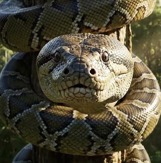 Sunlit Anaconda in the Amazon Rainforest – Majestic Snake Coiled Around Tree