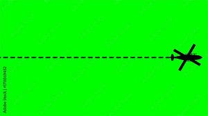 helicopter route flight from left to right straight on dash line. Dashed line route animation on green background 4k video