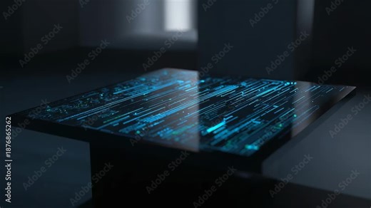 Camera shifting display animating in dim room, pulsing cyan nodes on black stand showing data