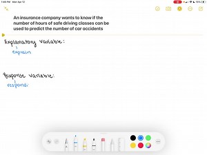 SOLVED: Identify the explanatory variable and the response variable. An insurance company hires an actuary to determine whether the number of hours of safety driving classes can be used to predict the number of driving accidents for each driver. | Numerade