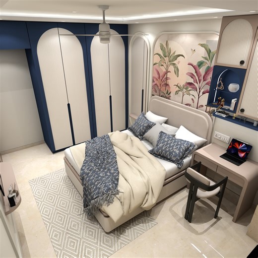 Plus Interior on Instagram: "Common bedroom 3D design For Upcoming project at Kandivali This bedroom thoughtfully designed adult + kids bedroom blends elegance with functionality, creating a space that feels both luxurious and lively. The room features a striking royal blue wardrobe finished with white fluted laminate shutters, adding texture and a modern interior appeal. The deep blue tone introduces richness while the white fluting keeps the look fresh and balanced. The bed design follows a so