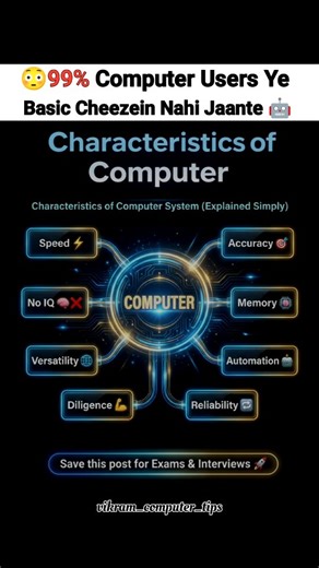 Vikram Computer Tips 💻 on Instagram: "😱 99% Computer Users ko ye BASIC concepts bhi clear nahi hote ❌💻 Computer chalana alag baat hai… Computer samajhna alag level ka game hai 😎⚡ 💡 Characteristics of Computer jo har student / user ko pata hone chahiye 👇 ⚡ Speed – blink se bhi fast 🎯 Accuracy – zero mistakes 🧠 Memory – huge data store 🤖 Automation – kaam khud kare 🌍 Versatility – har type ka work 💪 Diligence – thakta nahi 🔁 Reliability – trustable output ❌ No IQ – khud decision nahi �