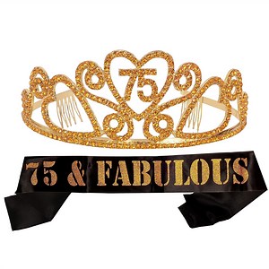 75th Birthday Sash and Tiara Set for Women - 75 and Fabulous Glitter Sash - Floating Heart Rhinestone Gold Tiara - Gift for 75th Celebration Decorations, and Accessories