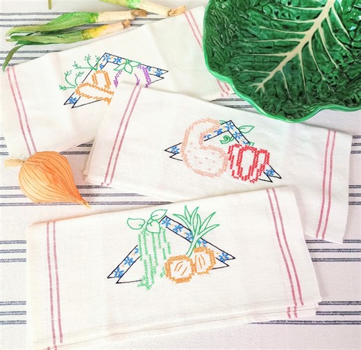 Vintage Embroidered Kitchen Towels: French Stripe Cotton, Set of 3 - Etsy