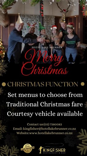🎄 Christmas Buffet · Bookings Now Open! This Christmas, Hotel Lake Brunner is delighted to offer a festive and generous Christmas Buffet for your group. Whether you’re a tour group, company gathering, or family celebration, you are warmly welcome to contact us anytime for bookings! Christmas Buffet · Group Bookings Available ✔ Festive atmosphere ✔ Wide selection of dishes ✔ Suitable for small, medium, and large groups ✔ Stunning lakeside location 📩 For bookings, please contact: kingfisher@hote