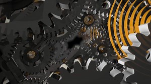 Download Background of gears rotating in coordination. Camera travels through the interior of a machine with moving reflective metal gears. Loop sequence. 3D Animation for free