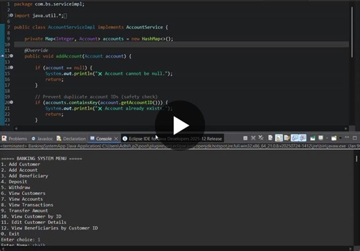 #corejava #javadeveloper #bankingsystem #miniproject #oop #consoleapplication #studentdeveloper | Shaik Adhil
