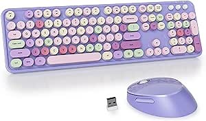 GTSP Typewriter Colorful Purple Keyboard and Mouse Wireless, 2.4GHz Full-Size Retro Cute Office Computer Keyboard with Round Keycaps for Desktop Laptop and PC (Colorful Purple)