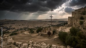 Outside the historic city of Jerusalem lies Calvary hill, the place of Jesus Christ's crucifixion. The backdrop consists of a gloomy sky with shafts of light breaking through
