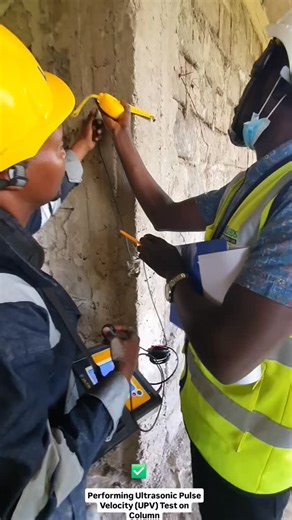 Performing Ultrasonic Pulse Velocity (UPV) Test during a Structural Audit exercise of an existing building. The aim is to establish the consistency of concrete of structural elements on site. Captured in the footage is an active structural retrofit site in Kiambu🇰🇪 . The aim is to establish: 1. The homogeneity of the concrete 2. The presence of cracks, voids and other imperfections 3. Changes in the structure of the concrete which may occur with time 4. The quality of the concrete in relation 