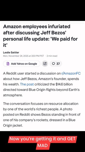 Progressive Power on Instagram: "Get mad. Amazon needing taxpayer subsidies for one third of staff. He’s burning through cash and the planet for “space tourism” while his workers have nothing AND being replaced by #AI and robots https://www.yahoo.com/news/articles/amazon-employees-infuriated-discussing-jeff-235000334.html"