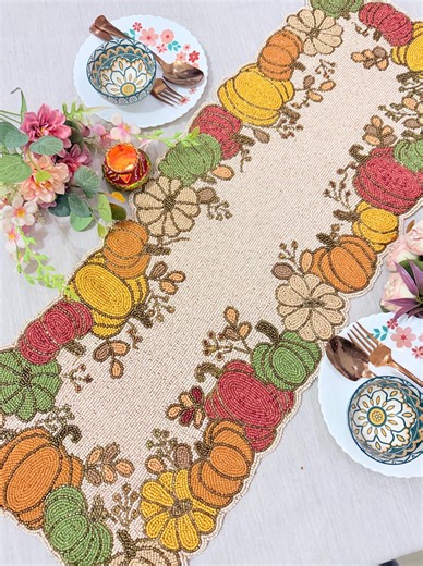 Beaded Pumpkin Table Runner | Handmade Fall Harvest Decor - Etsy