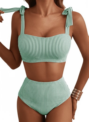 SHEWIN Swimsuit Women Striped Bikinis Sets Shoulder Strap Knot Two Piece Bathing Suits High Waisted Tummy Control Full Coverage Swimwear