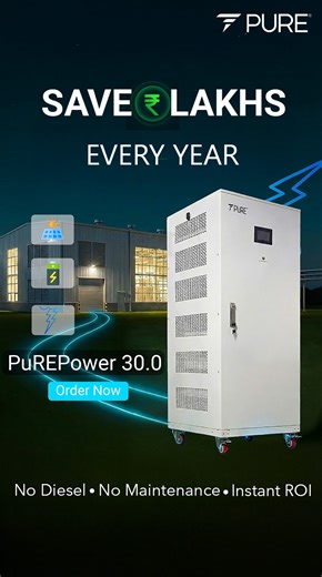 Cut energy costs without compromising productivity ⚡ Meet PuREPower 30.0, the smart alternative to diesel generators. Zero diesel, zero maintenance, and faster ROI—while delivering uninterrupted power. Switch to solar, battery, or hybrid and save lakhs every year with PURE’s next-gen power solution. 🔋 Learn more: https://www.pureenergy.co.in/enquiry-now You connect with our sales team members 24 x 7 on 9240045993 for your enquiry. | PURE EV