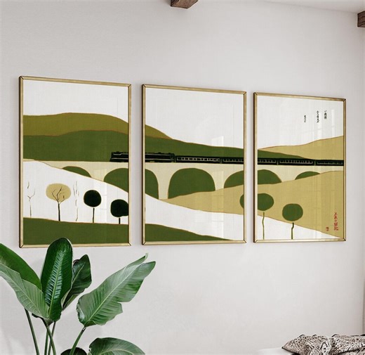 Green Landscape Railway Posters | Minimal Train Viaduct Illustration | Set of 3 Posters - Etsy