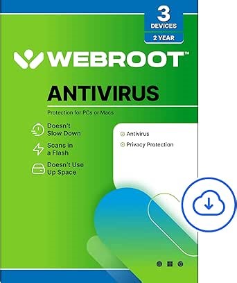 Webroot Antivirus Software 2025 | 3 Device | 2 Year Download for PC/Mac