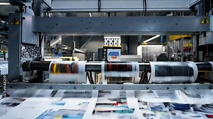 a vintage printing machine in a bustling factory, illustrating the intricate process of producing printed materials with precision and skill.