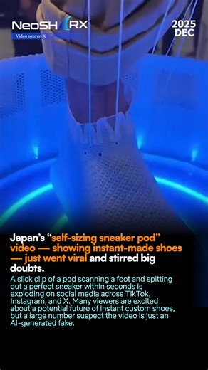 A video claiming to show a Japanese “self-sizing sneaker pod” went viral, drawing widespread attention. The footage shows a person placing their foot into a minimalist pod, which supposedly scans the foot and immediately produces a fully formed, well-fitted sneaker. The video has been widely reshared on platforms such as Instagram, X (formerly Twitter), TikTok, and Facebook. The core claim — instant creation of a custom-fitted shoe — has captivated sneaker fans and tech watchers. Some argue that