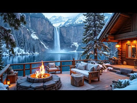 Tranquil Winter Waterfall Porch ❄️🔥 Soft Piano Music & Crackling Campfire for Working & Unwinding