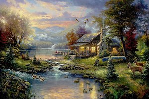 Tranquil Lakeside Cabin by Thomas Kinkade Rare Gallery wallpaper